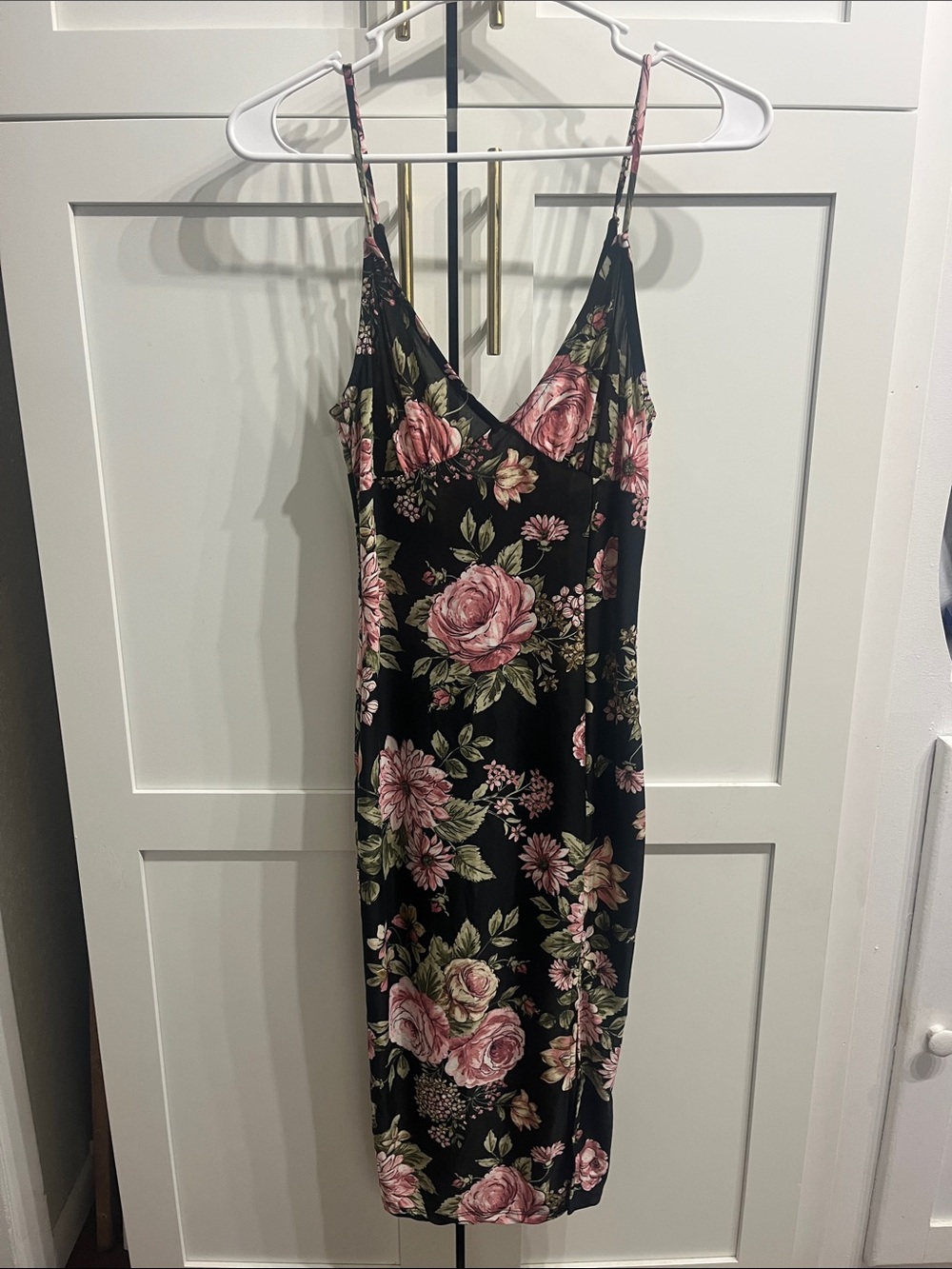Joe & Elle Black Midi Body Con Dress with Pink Rose Print